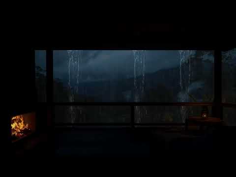 Storm clouds and heavy rain embrace a forest cabin glowing with fireplace warmth—ideal for study