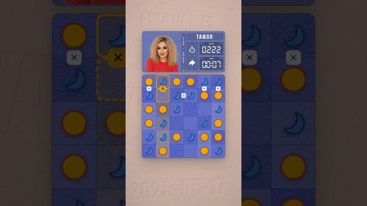 LinkedIn Tango #222 solved board for May 17, 2025, 6x6 grid