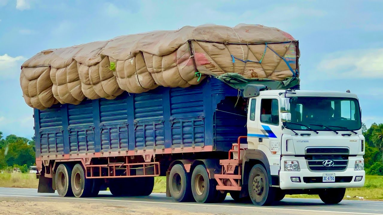 Hyundai Heavyvehicle Truck Trailer Driving On The Road ,Cement Truck Transport, Bulldozers on Truck 