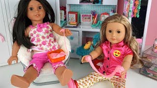AG Play dolls sleep over slumber party in the pink bunk beds. AG dolls eat cookies and drink milk, have a spa party. Toddler paints 