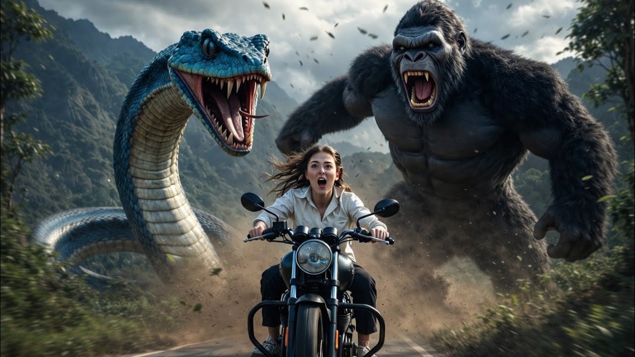 Giant Snake vs Giant King Kong 😱 | Indian Girl Bike Escape | Cinematic AI Movie