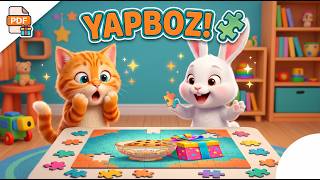 Çocuklar İçin Masal 🧩 Kedi ve Tavşan'ın Yapboz Macerası (Ücretsiz Boyama Hediyeli)