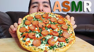 SPINACH TOMATO AND SPICY SAUSAGE PIZZA ASMR CRUNCHY EATING SOUNDS