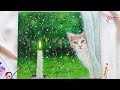 Peekaboo🐱! Paint a Rainy day Scene with me ☕️🌿🌦/ Acrylic Painting Tutorial💌