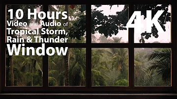 4K 10 hours - Tropical Storm Window with Rain & Thunder - relaxation, meditation, nature