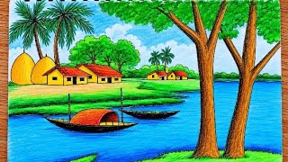 Easy Village Scenery Drawing Step by Step | Beautiful Nature Drawing