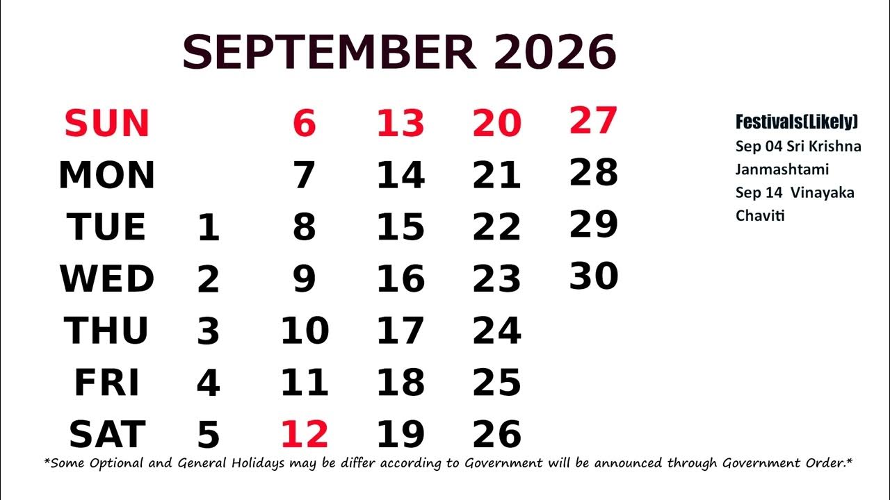 September Calendar 2026 YouTube