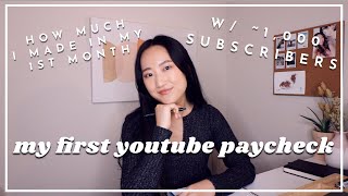 MY FIRST YOUTUBE PAYCHECK as a small youtuber w/ 1,000 subscribers | how i got monetized