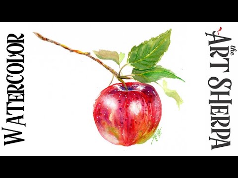 RED APPLE ON BRANCH Easy How to Paint Watercolor Step by step | The Art Sherpa
