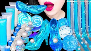 ASMR BLUE WHITE DESSERTS *GLASS SHOES, LIP GLOSS, COTTON CANDY 먹는 립스틱, 유리구두, 투명젤리 EATING MUKBANG 먹방