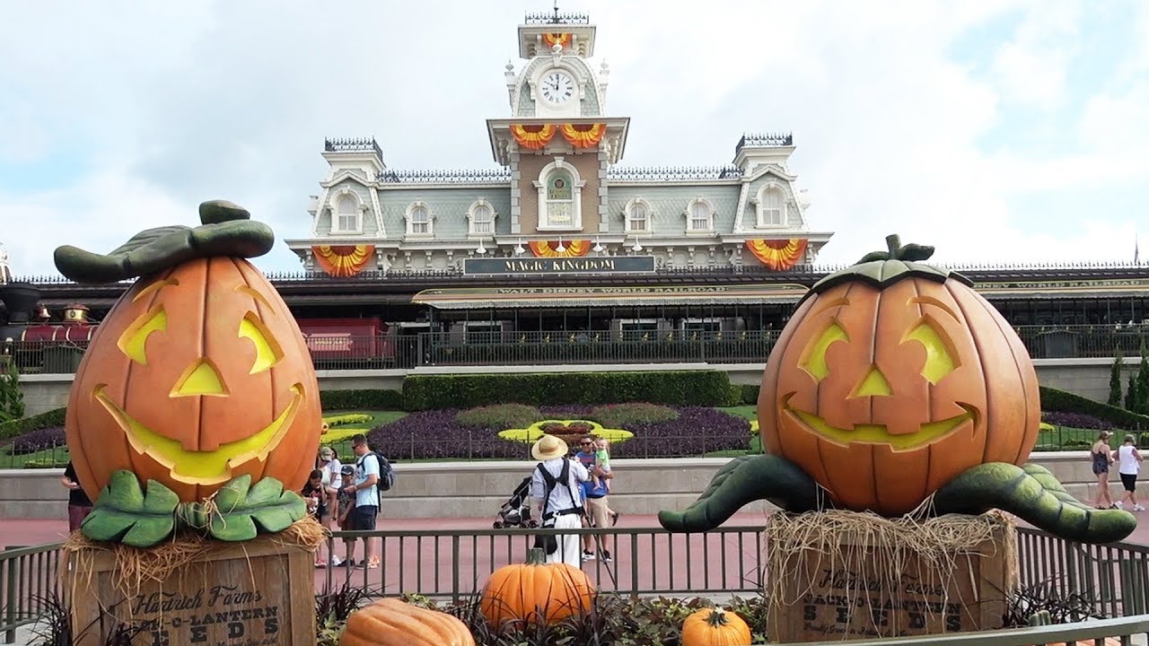 Halloween Decorations At The Magic Kingdom Including Pumpkins On