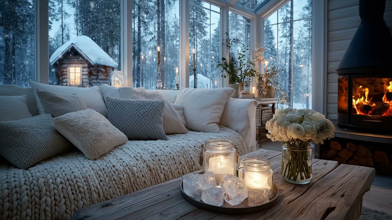 🌨️ Cozy Snow Piano | White Flower Lounge & Fireplace | 5 Hours Calm Meditation Study Focus Relax