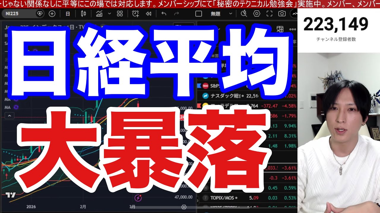 3/4【緊急.日経平均2日で4000円大暴落ヤバい‼中東情勢緊迫で日本株の急落続くか】ドル円157円、WTI原油急騰で半導体、AI関連も急落。米国株、ナスダックも弱い。仮想通貨上昇