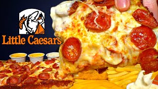 ASMR MUKBANG LITTLE CAESAR'S EXTRA CHEESE DEEP DISH PIZZA FRIED CHICKEN & FRIES | WITH RANCH
