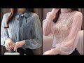 Top70 Super luxury and elegant formal chiffon gingham blouse with pearl lace patch work and design