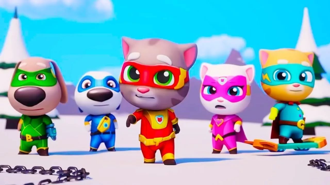 Tom talking super. Talking Tom Супергерой Джинджер. Том Бен Анджела Джинджер Хэнк за золотом. Том погоня героев Джинджер.