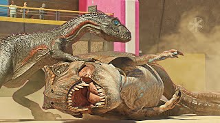 INDORAPTOR vs ALL LARGE & MEDIUM CARNIVORES & T-REX BATTLE IN CALIFORNIA Jurassic World Evolution 3