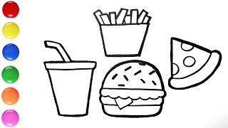 Menggambar dan mewarnai burger, pizza, kentang goreng, dan minuman untuk anak-anak || Drawing kids