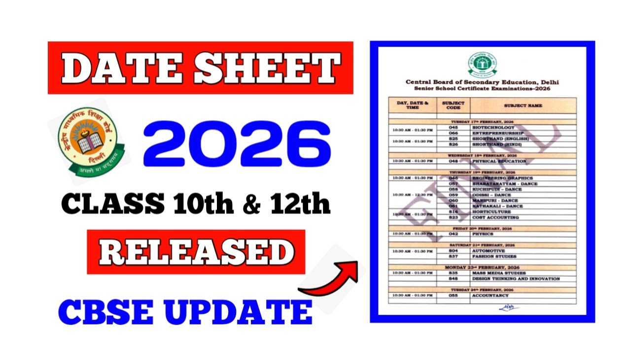 Cbse class 10 final exam datesheet 2026 out/class 12 final datesheet ...