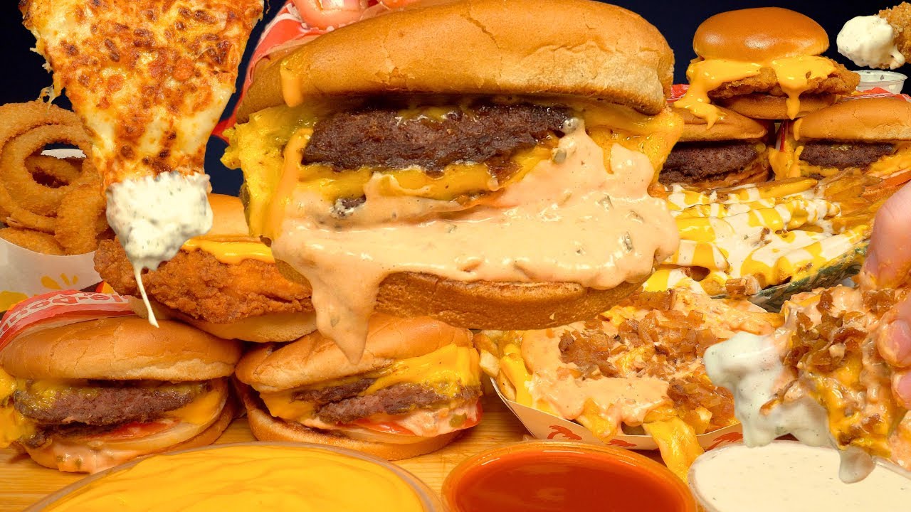 ASMR MUKBANG ANIMAL STYLE IN-N-OUT BURGERS, WINGSTOP CHICKEN & FRIES & DOMINO’S PIZZA | WITH CHEESE