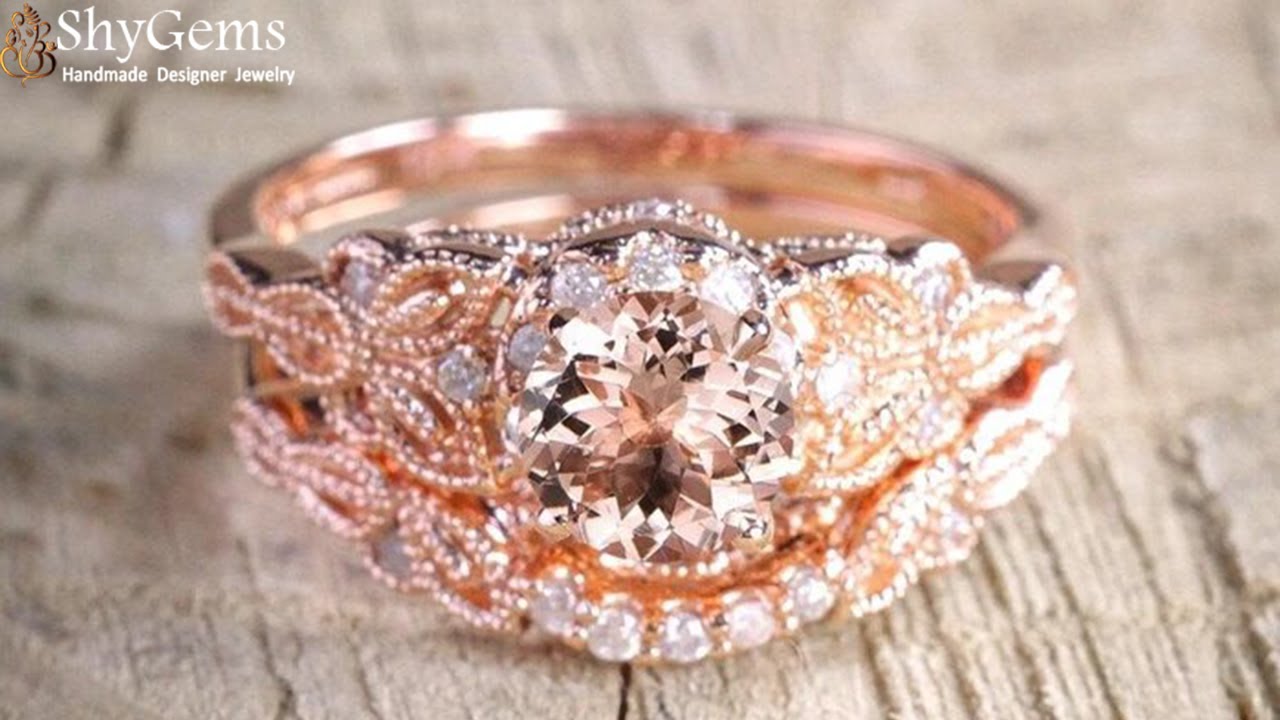ShyGems Vintage 1.50 Carat Morganite & Diamond Halo Bridal Set in Gold