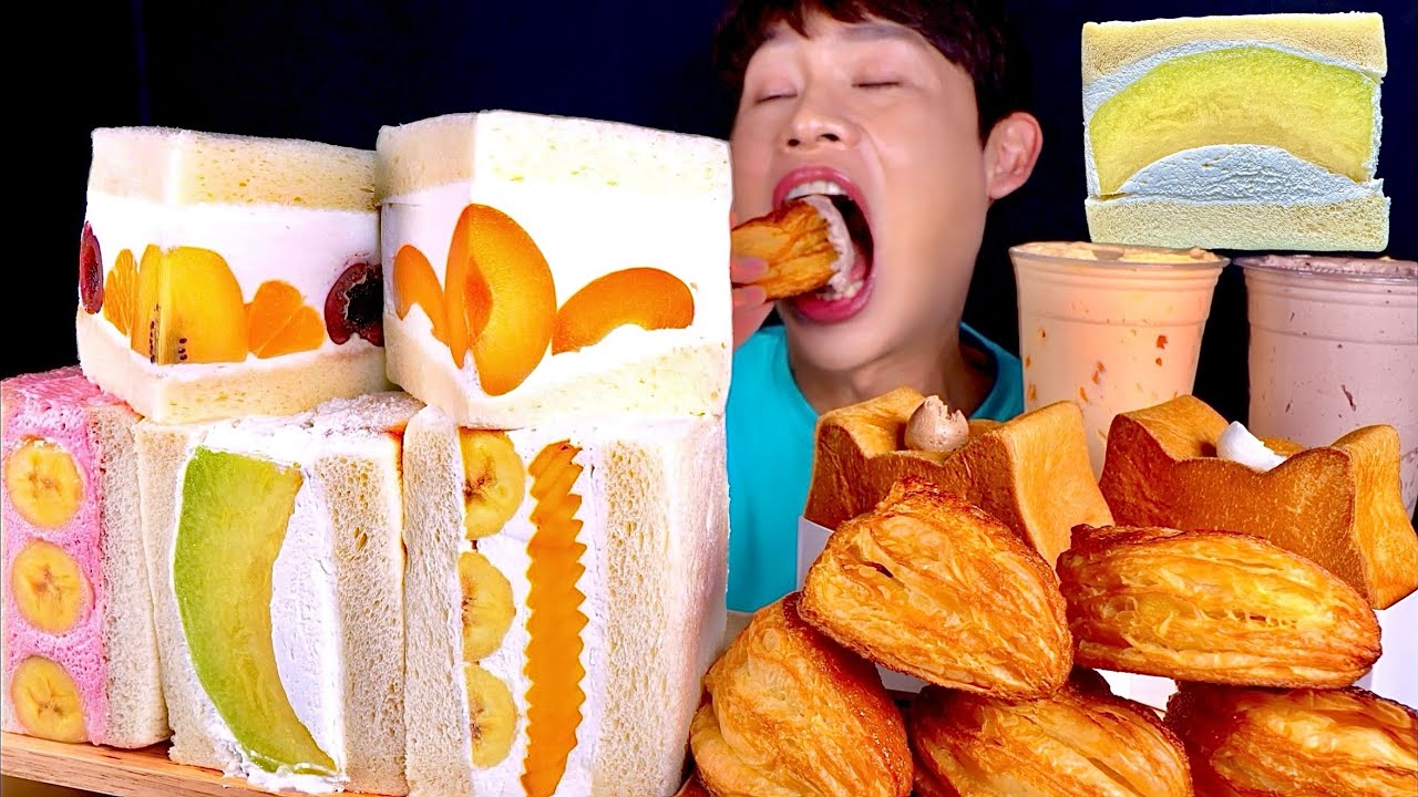 ASMR 크림폭탄먹방 생크림 듬뿍 과일산도 사과당 애플파이 고양이식빵 먹방~!! Fresh Cream Sandwich With Sweet Apple Pie MuKBang~!!