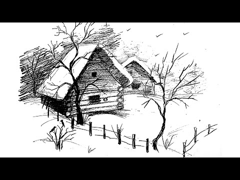 How to draw Winter landscape. Sketch. Graphic arts / Как нарисовать зимний пейзаж. Карандаш