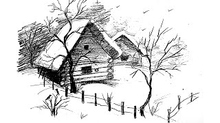 How to draw Winter landscape. Sketch. Graphic arts / Как нарисовать зимний пейзаж. Карандаш