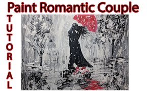 Romantic couple in rain painting, couple with red umbrella painting, rain scene acrylic painting
