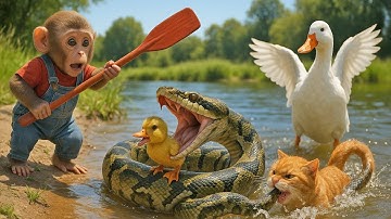 🐵🐱Monkey & Fat Cat Save Duck Family from Giant Snake Attack and Share Warm Rice Porridge Together