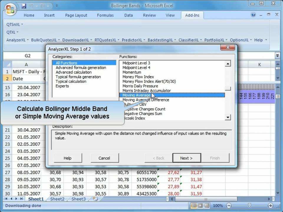 If one wants to replicate the bollinger bands study in excel