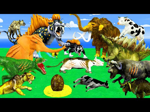 Giant Zombe Dinosaur vs 10 Zombie Lion Attack Buffalo Baby Cow Saved by 2 Woolly Mammoth Elephant class=