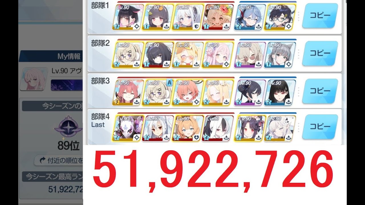 【ブルアカ】 総力戦 ホド 市街地戦 LUNATIC　4凸 51,922,726　固有4アタッカー0　初日記録　【ブルーアーカイブ】