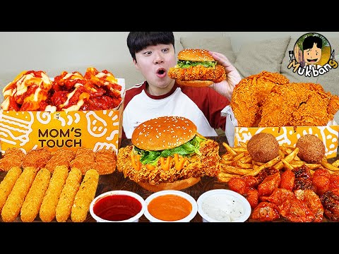 <strong>ASMR</strong> MUKBANG 맘스터치 양념 치킨먹방! 치즈 햄버거 치즈스틱 후라이드치킨 &amp; 레시피 CRISPY FRIED CHICKEN CHEESE <strong>BURGER</strong> EATING SOUND!