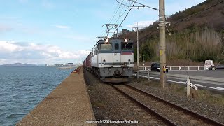 JR貨物　予讃線を行くEF65 2080号機が牽引する3079ﾚ貨物列車を撮影（R2.1.30)