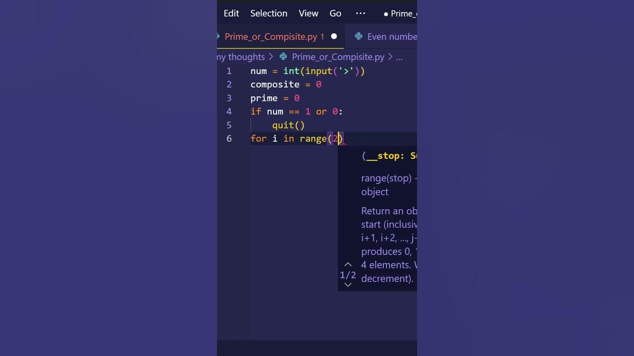 Python code used to find if the number entered is composite or prime # ...