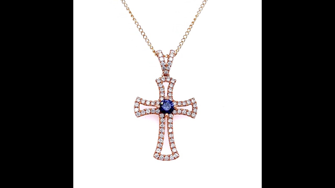 Montana Yogo Sapphire & Diamond Cross 18K Rose or White Gold Pendant Necklace