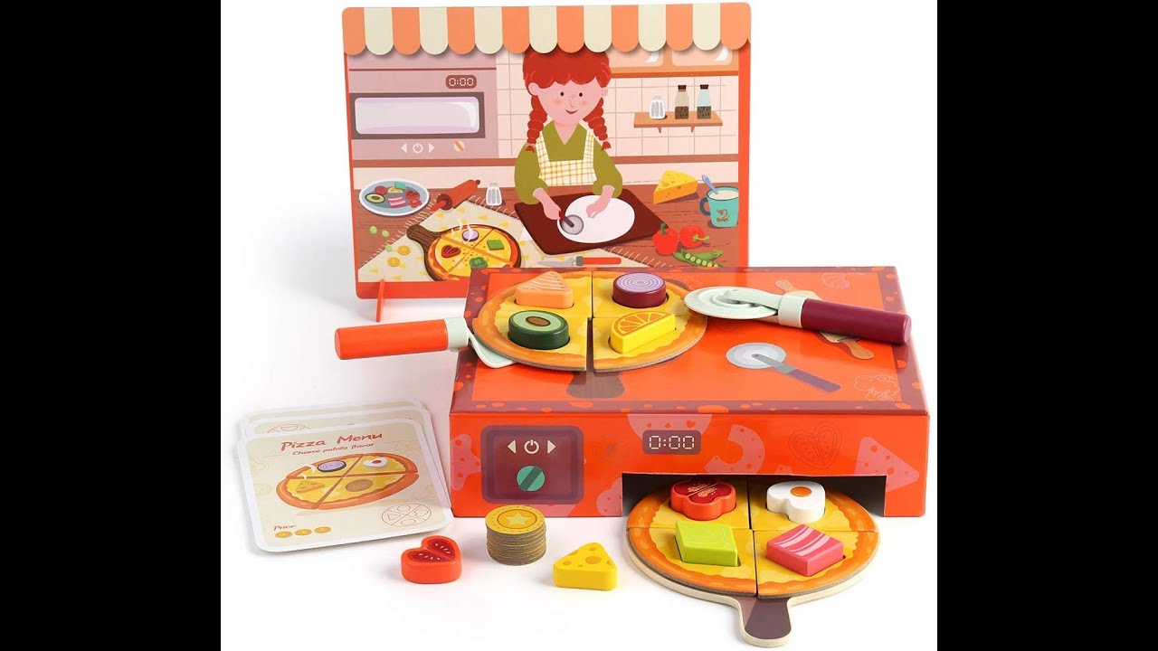 TOP BRIGHT Pizza Toys, Kids Play Food Wooden Pizza Making Toy Set with  Toppings & Oven, Pretend Play Kitchen Cooking Playset