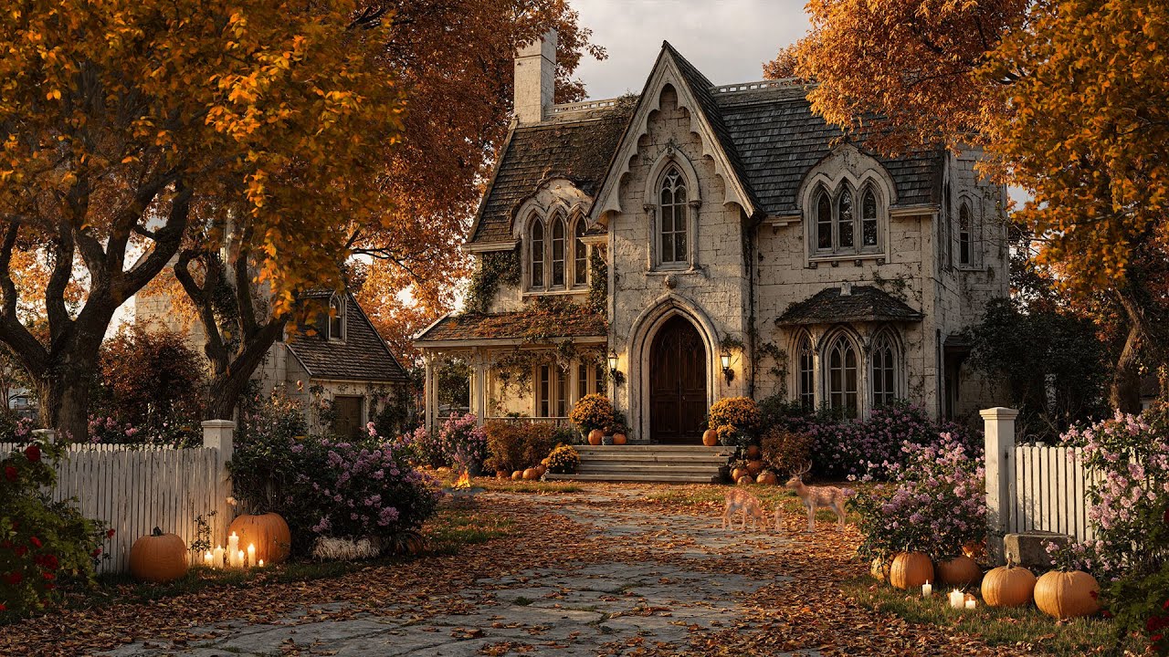 Gothic Autumn Cottage Halloween Ambience 🍂 Jack-O'-Lanterns, Fall Leaves & Nature Sounds