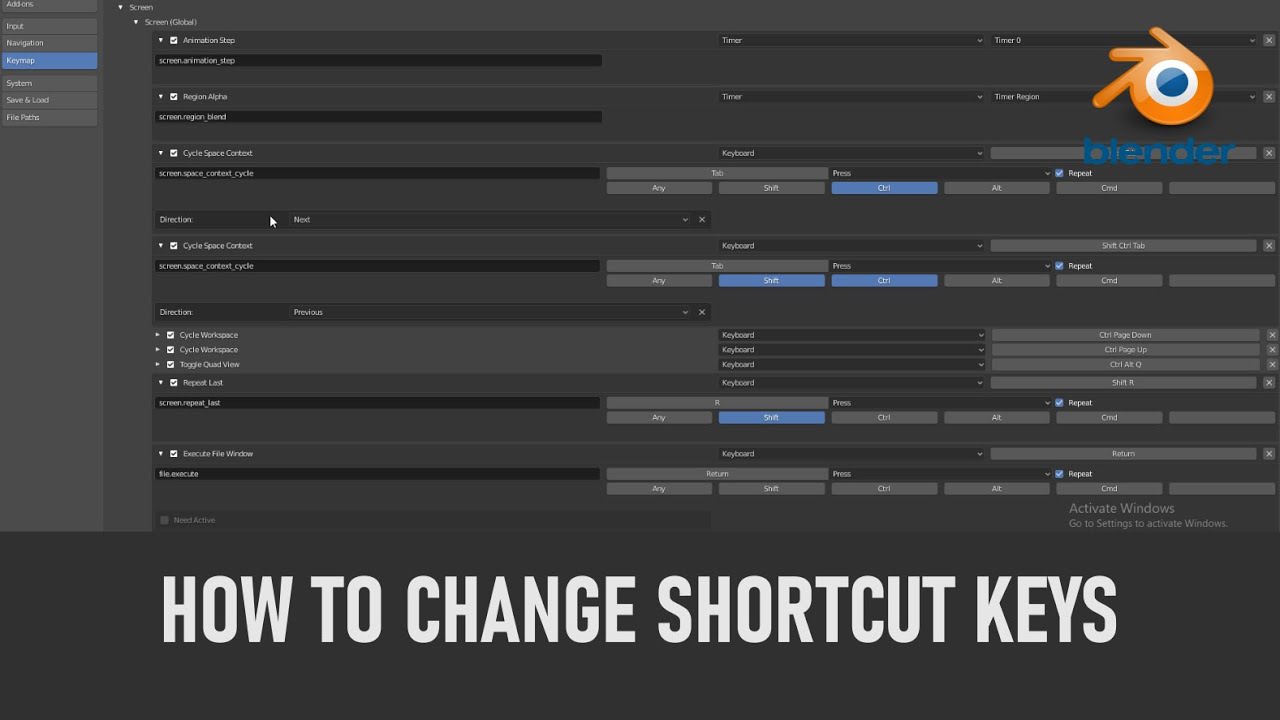 change keyboard shortcuts in blender