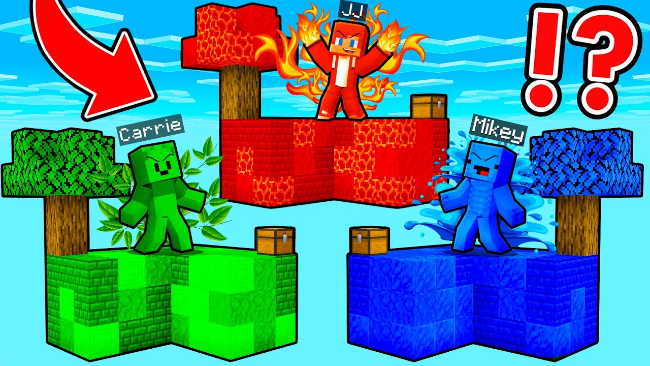JJ and Carrie vs Mikey: LAVA and EARTH vs WATER SKYBLOCK In Minecraft - Maizen