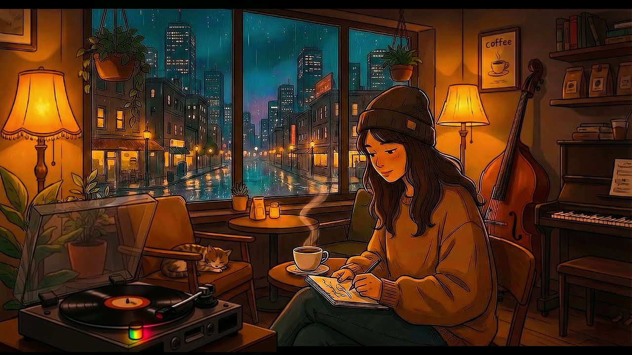 Cozy Rainy Night in a Coffee Shop ☕ Jazz-Hop & Lo-Fi Beats for Reading / Studying