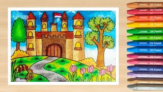 Menggambar dan Mewarnai Istana Kerajaan dengan Oil Pastel
