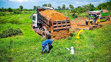 Start a Perfectly Project!! Landfill by Komatsu Dozer D20P & 5T Truck Pushing Soil Delete Forestry