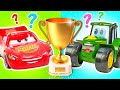 Johnny le tracteur participe à la course de voitures. Qui sera le gagnant? Jeux pour enfants.