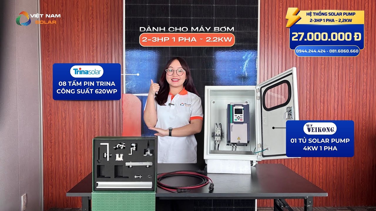 Combo Bơm Nước Bằng Solar Cho Bơm Công Suất 3HP - 2.2kW - 1 Pha