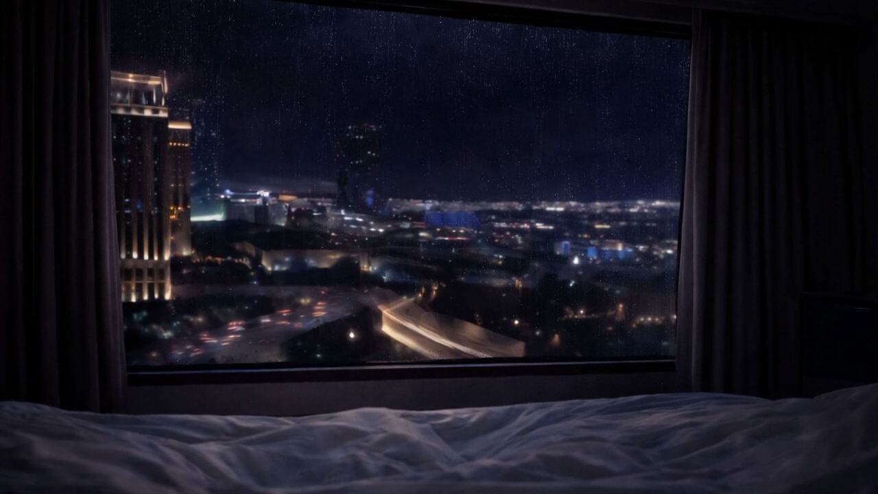 Rain for Sleep | Ultra Dim Blue Hotel Window Rain — Bed POV (8 Hours)