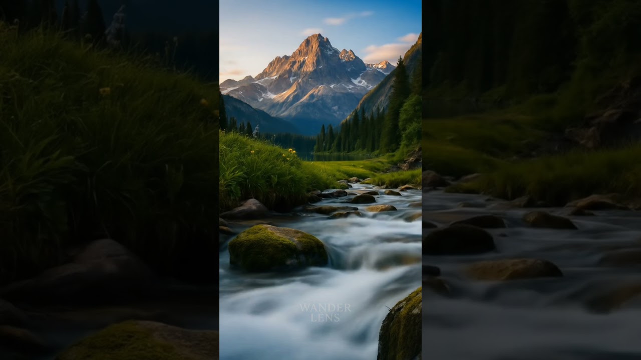 Quiet afternoon in the mountains, the river flows peacefully