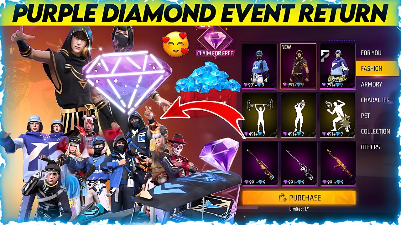 FREE FIRE PURPLE DIAMOND EVENT RETURN | PURPLE DIAMOND EVENT | TIME LIMITED SHOP PURPLE DIAMOND