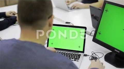 Man Using Laptop In Office With Green Screen Display - Still And Pan Footage